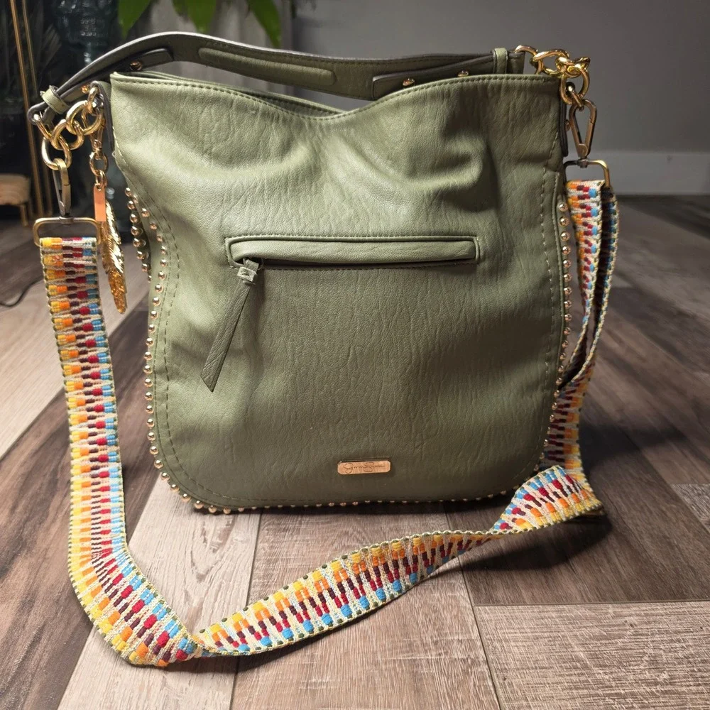 Jessica Simpson Olive Green Studded Hobo Bag Woven Guitar Strap Leopard Lining
